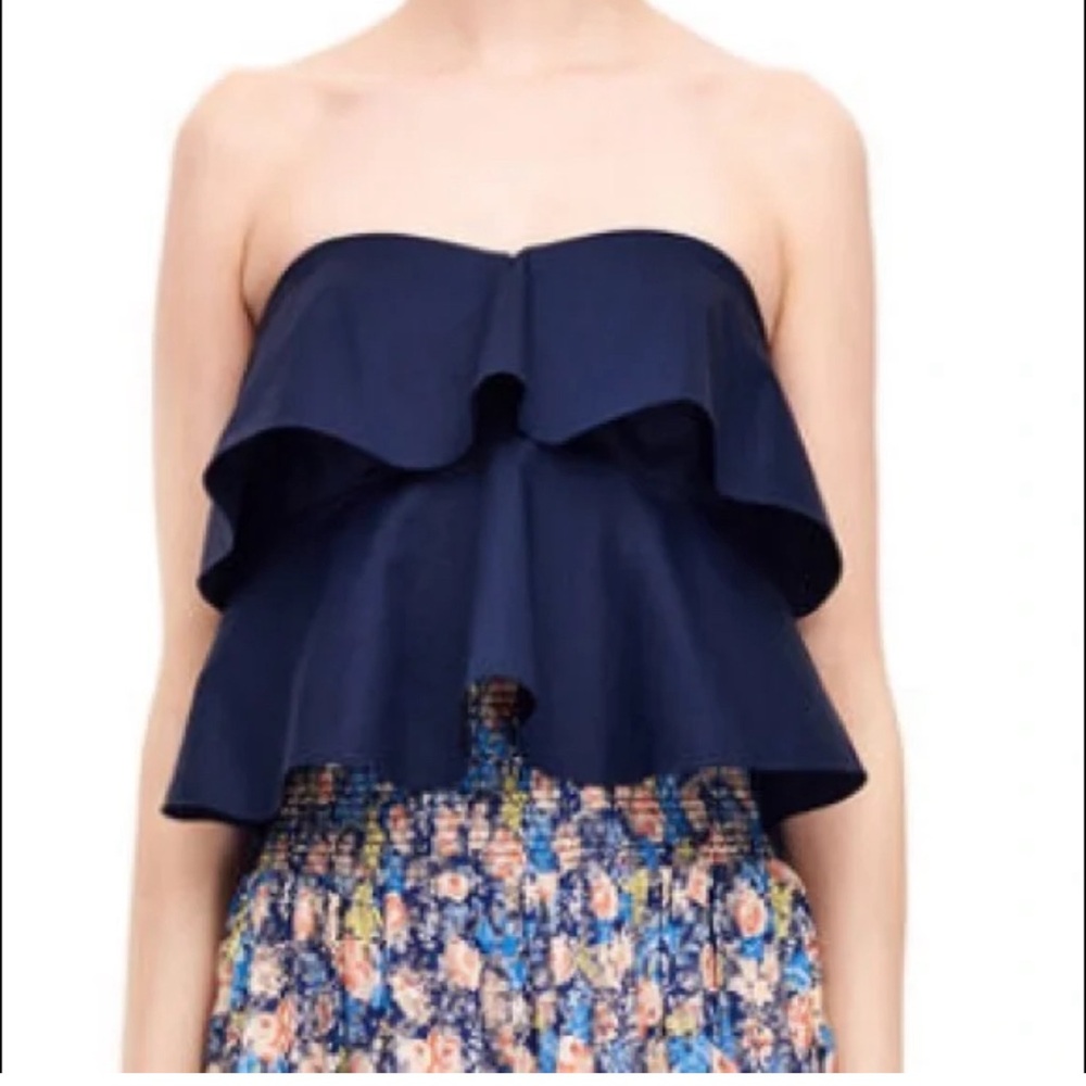 REBECCA TAYLOR NWT Strapless Tiered Ruffle Sateen Top Blue NEW